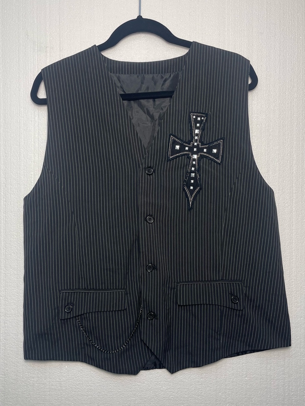 Black Pinstripe Vest with Cross Embellishment